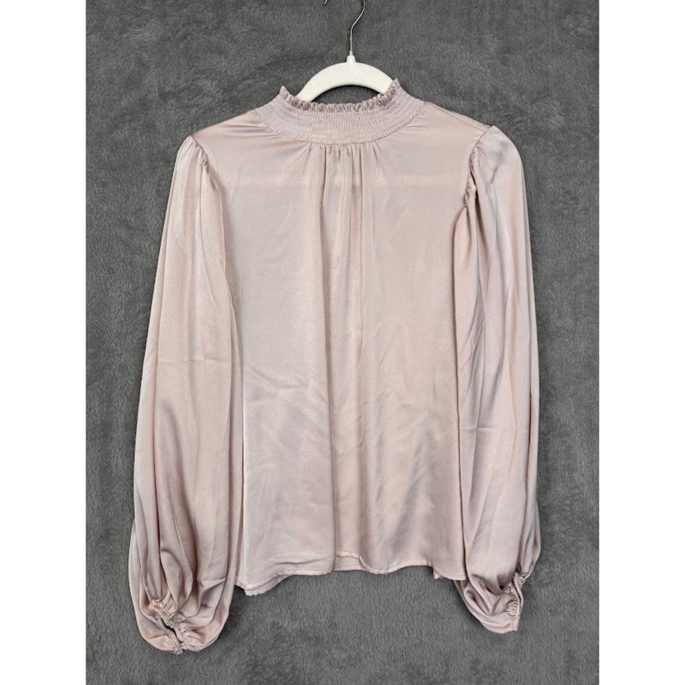 Sugarlips Champagne Pink Satin Smocked Mock‎ Neck Bishop Sleeve Blouse Small